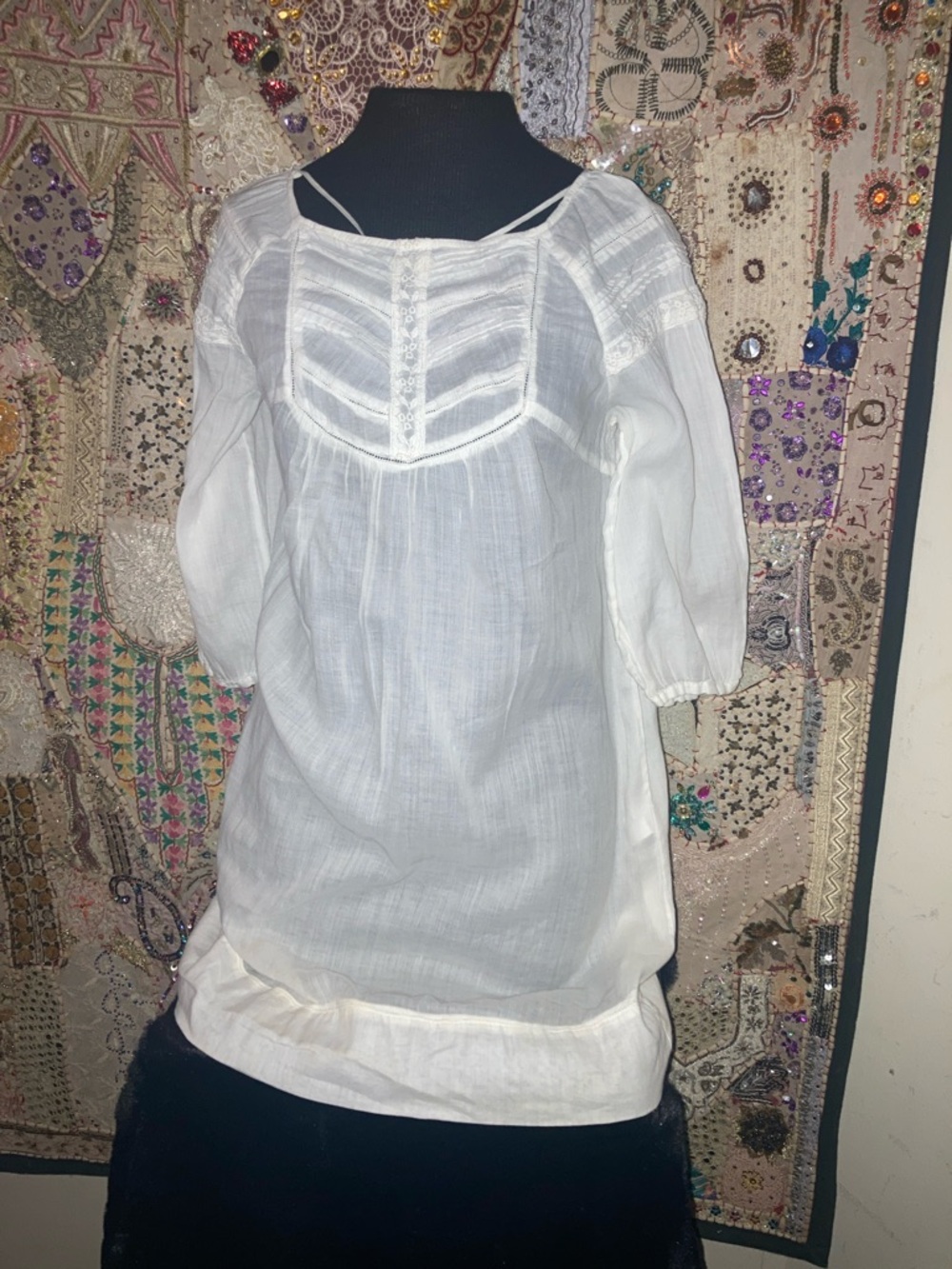 Zara White Gauzy Boho Tunic with Lace Yoke